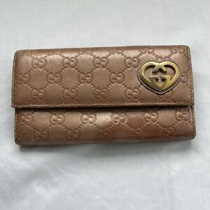 GUCCI • 100% Authentic Pink/ Brown Guccisima lovely heart leather long wallet